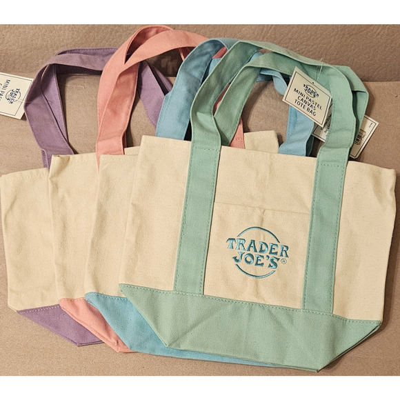 Trader Joe’s Mini Pastel Canvas Tote Bag Set Of 4 Different Colors Limited NWT - Picture 3 of 4